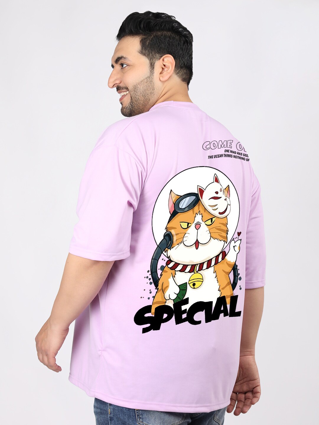 

CHKOKKO Plus Graphic Printed Drop-Shoulder Sleeves Oversized Cotton Casual T-shirt, Lavender