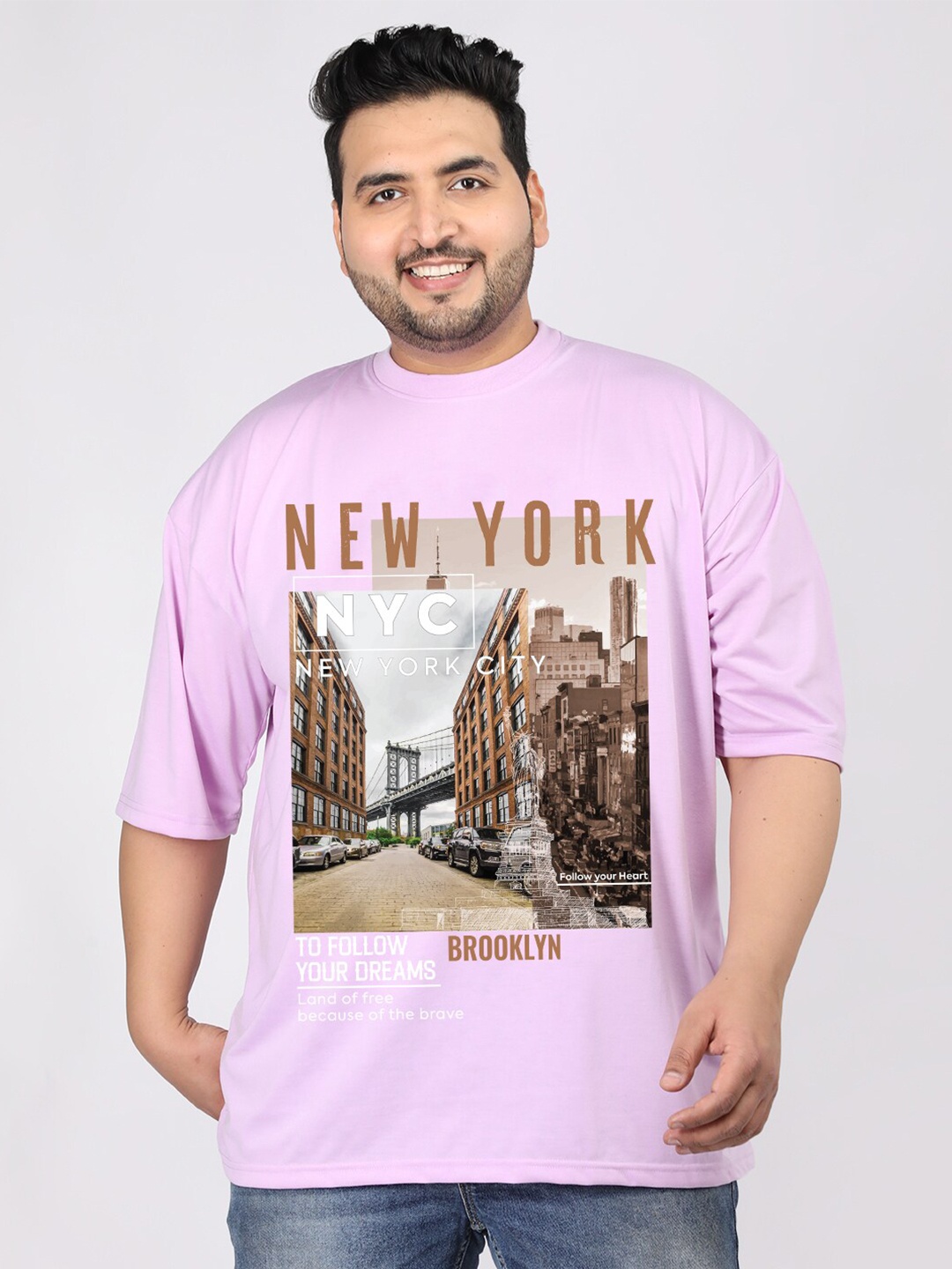 

CHKOKKO Plus Graphic Printed Drop-Shoulder Sleeves Oversized Cotton Casual T-shirt, Lavender