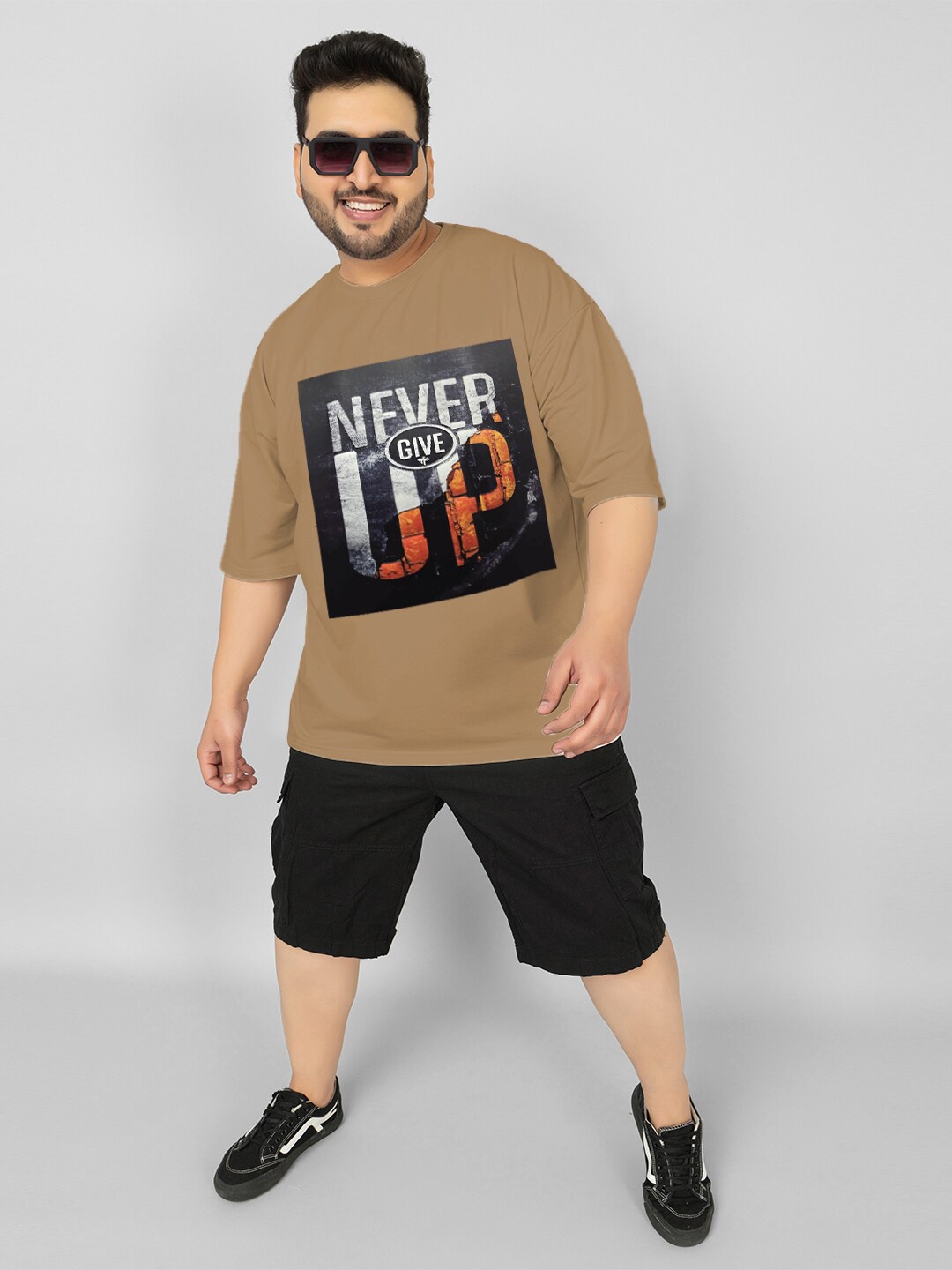 

CHKOKKO Plus Typography Printed Drop-Shoulder Sleeves Oversized Cotton Casual T-shirt, Khaki