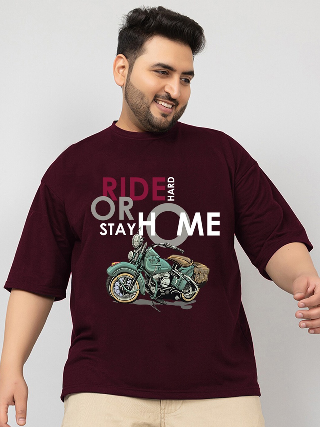 

CHKOKKO Biker Printed Round Neck Oversized Cotton Casual T-shirt, Purple