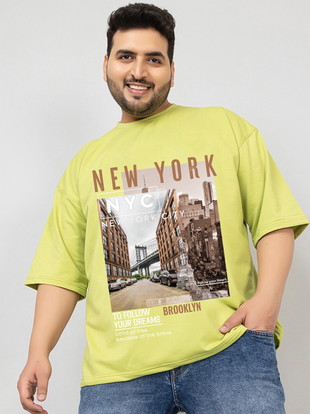 

CHKOKKO Graphic Printed Round Neck Oversized Cotton Casual T-shirt, Green