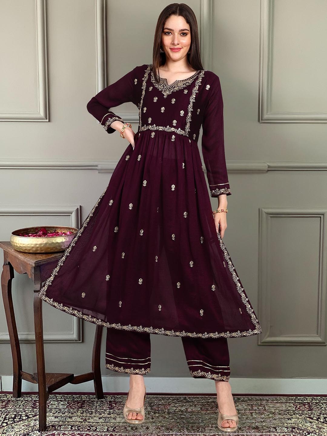 

KALINI Floral Embroidered Regular Thread Work Kurta With Trouser, Purple