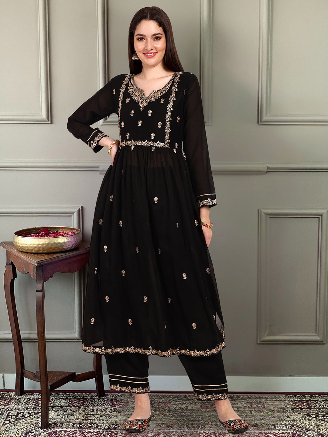 KALINI Floral Embroidered Regular Thread Work Kurta With Trouser, Black