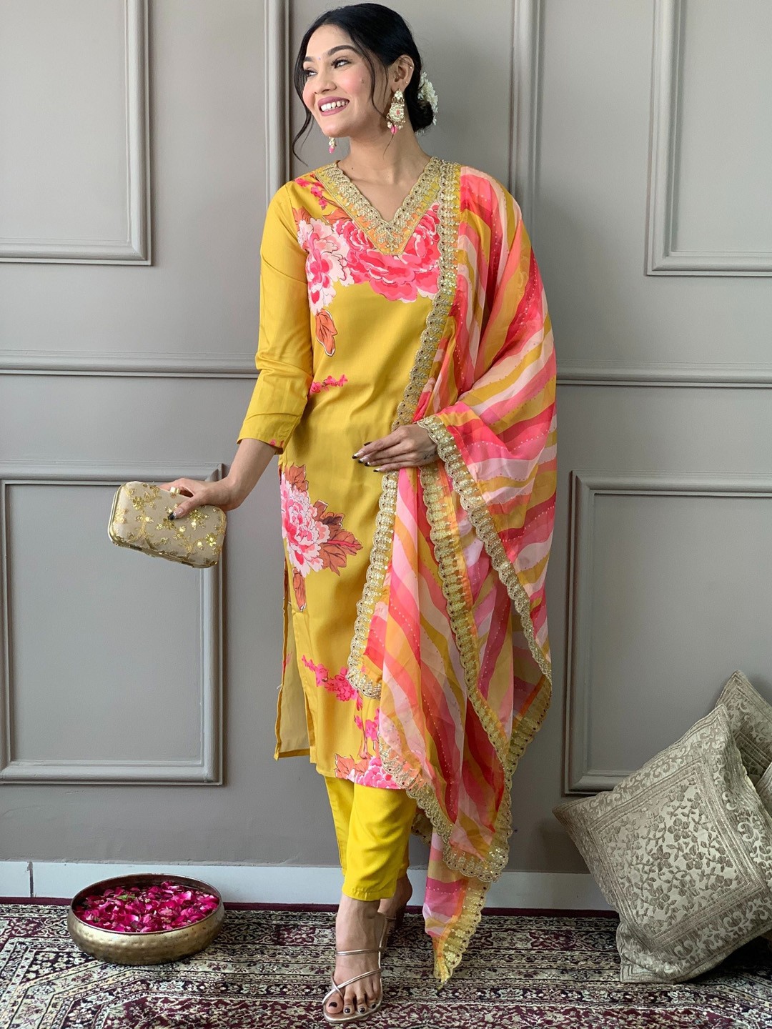 

KALINI Floral Embroidered Regular Thread Work Pure Silk Kurta With Trousers & Dupatta, Yellow