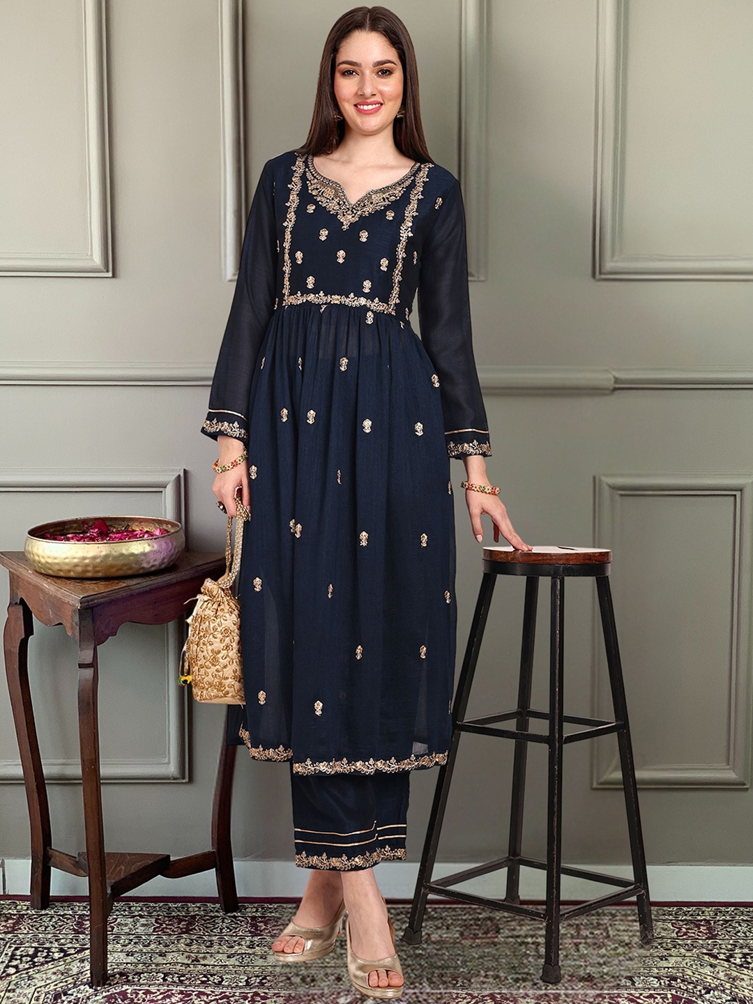 

KALINI Ethnic Motifs Embroidered Empire Thread Work Straight Kurta With Trousers, Navy blue