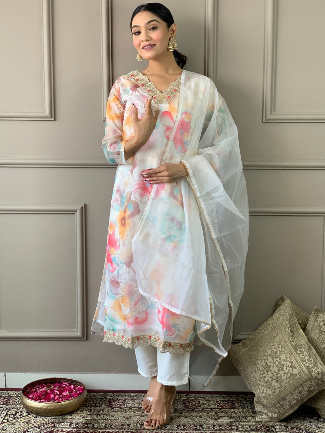 

KALINI Floral Embroidered Regular Thread Work Kurta With Trouser & Dupatta, Cream