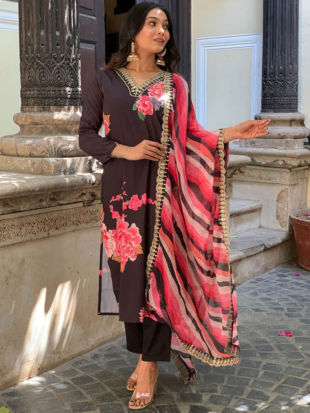 

KALINI Floral Printed Regular Thread Work Pure Silk Straight Kurta With Trousers & Dupatta, Black