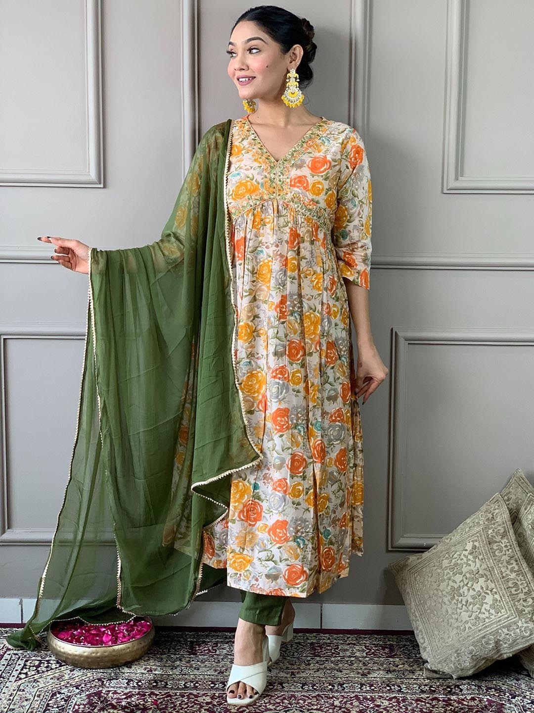

KALINI Floral Embroidered Empire Thread Work Kurta With Trouser & Dupatta, Orange
