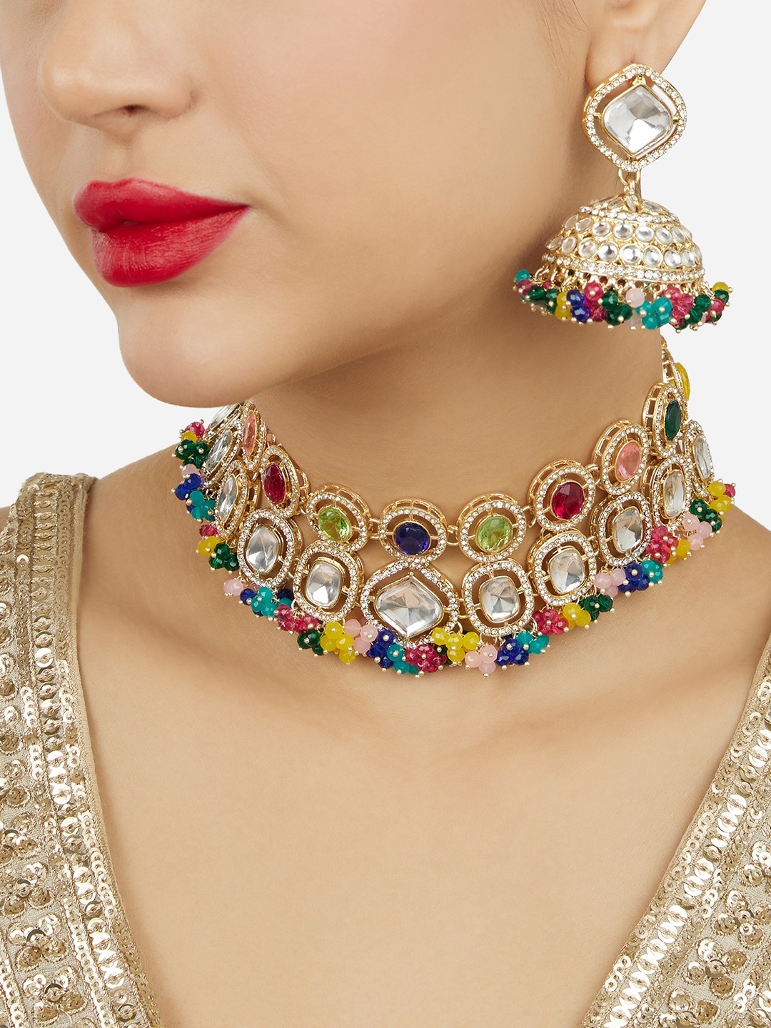 

Zaveri Pearls Gold Plated & Stone Studded Jewellery Set