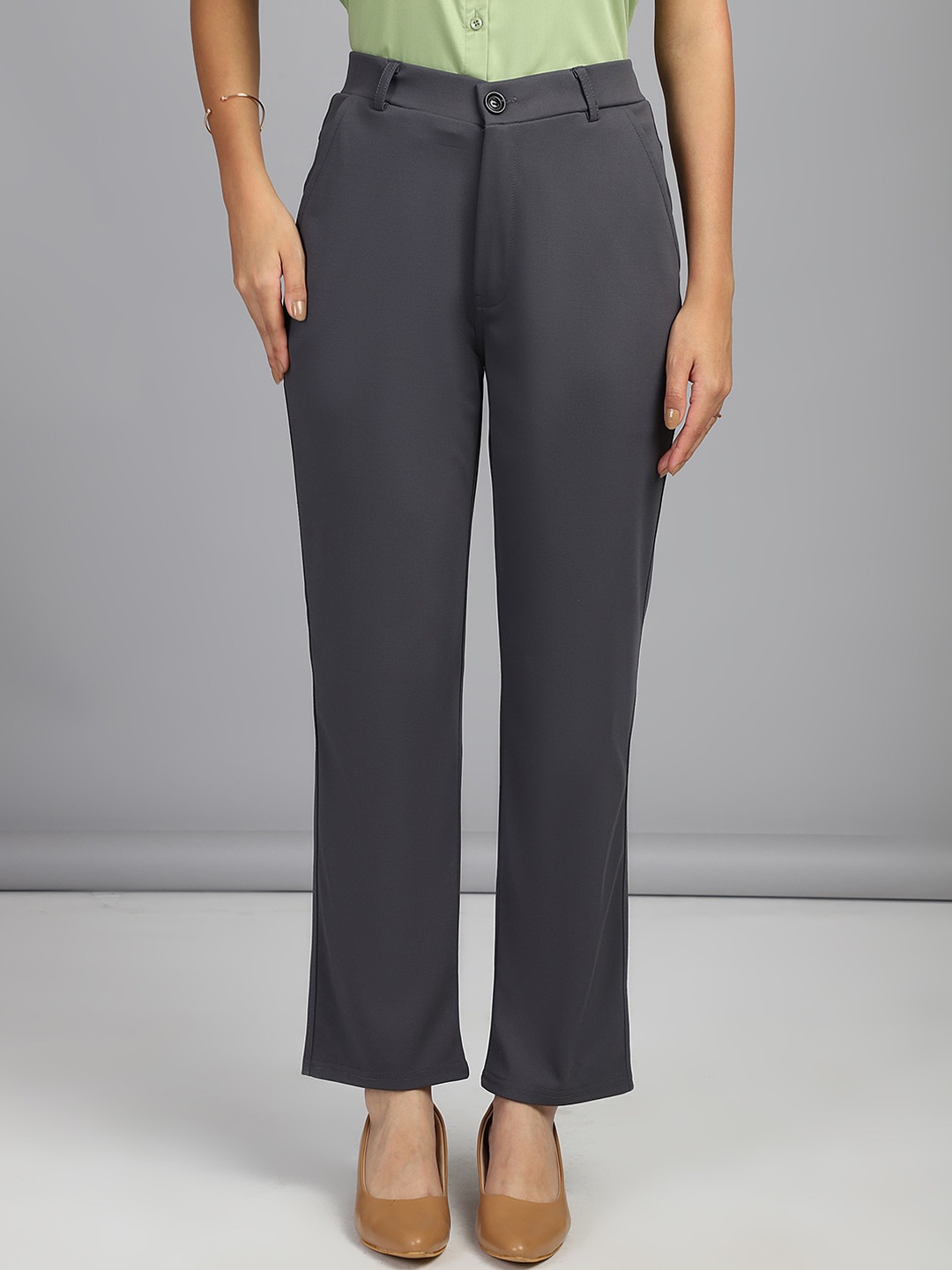 

FITHUB Women Slim Fit High-Rise Cotton Formal Trousers, Grey