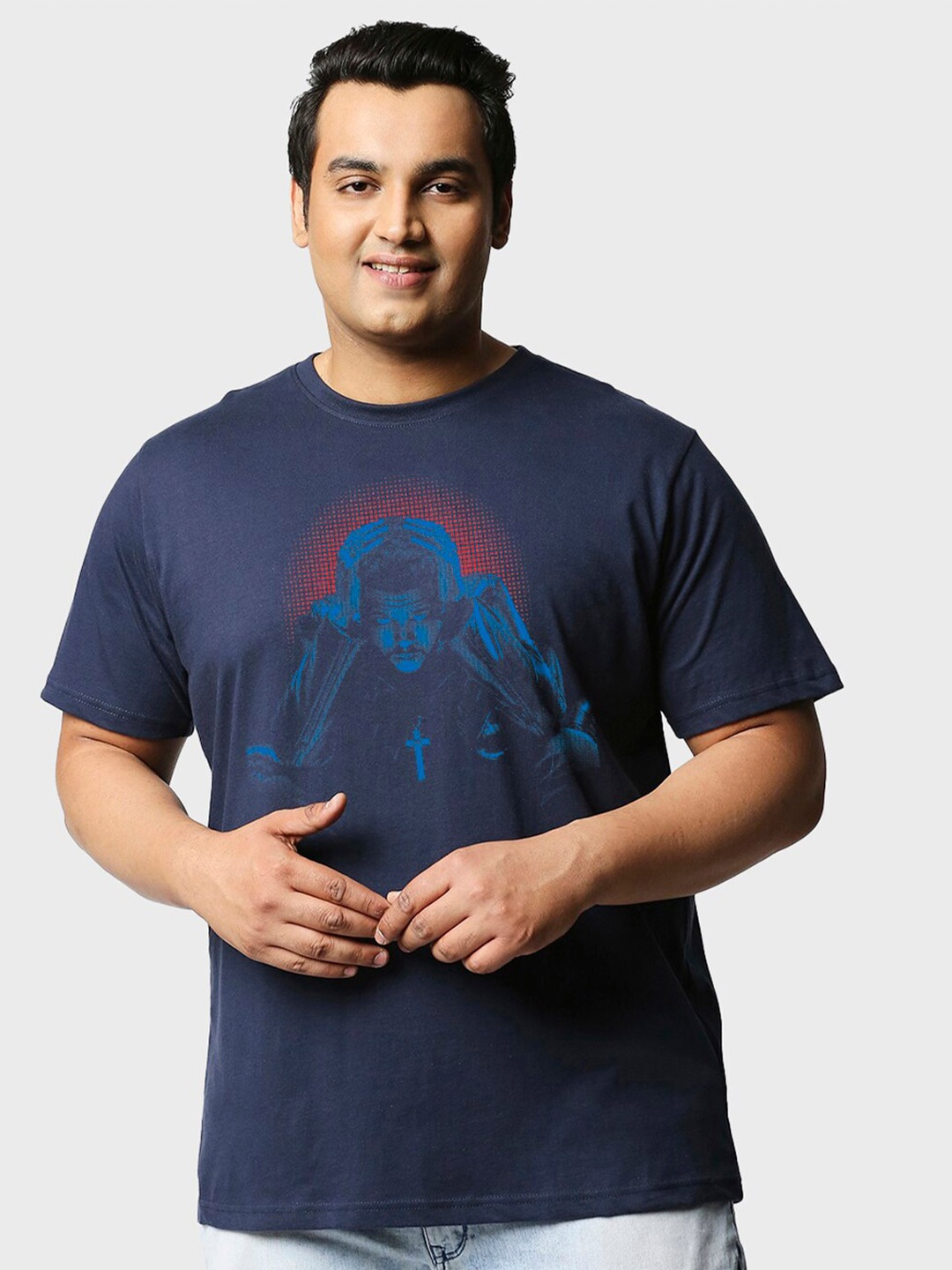 

Bewakoof Plus Men Graphic Printed Round Neck Cotton Casual T-shirt, Blue