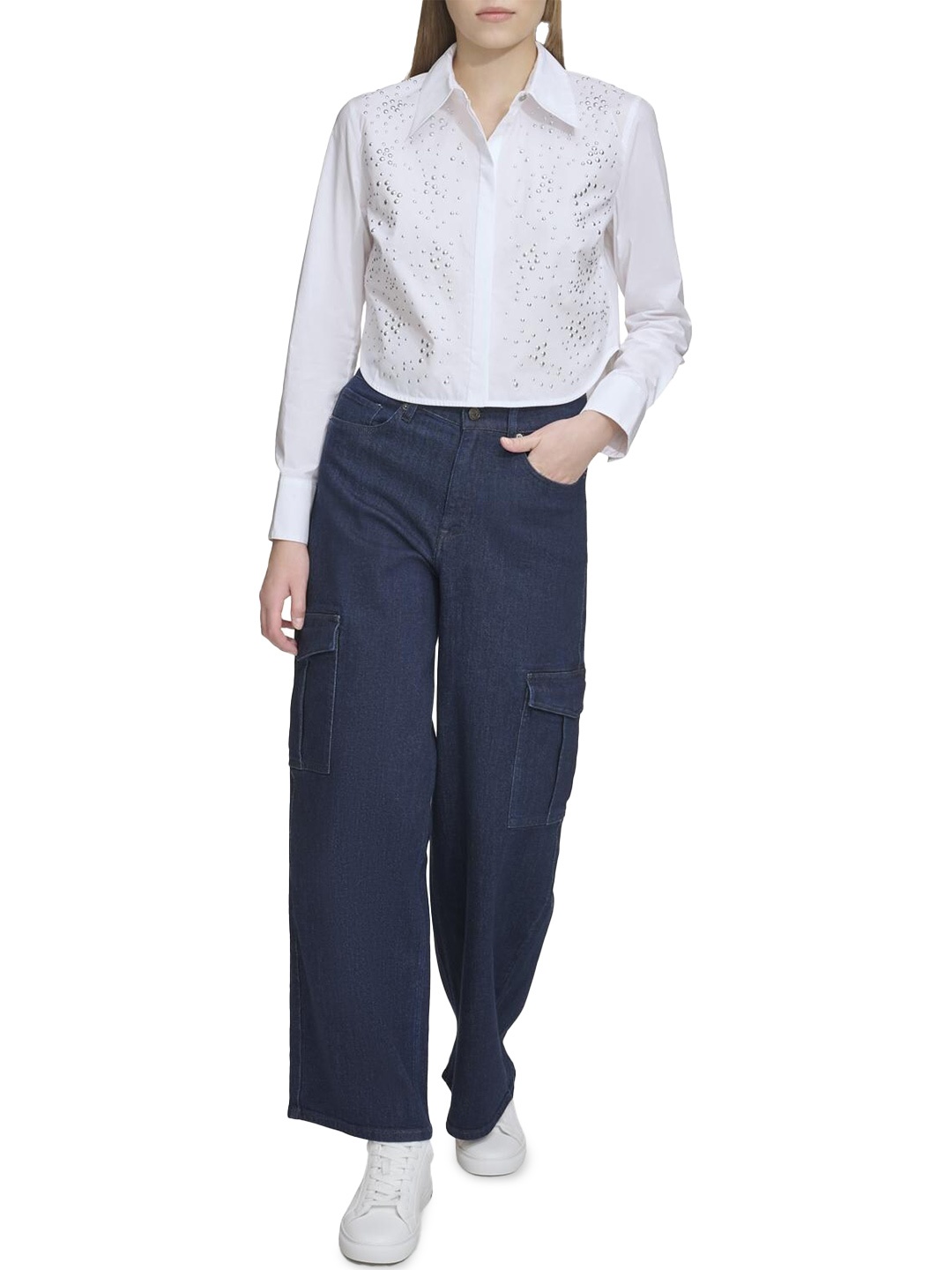 

DKNY Embellished Cotton Spread Collar Casual Shirt, White