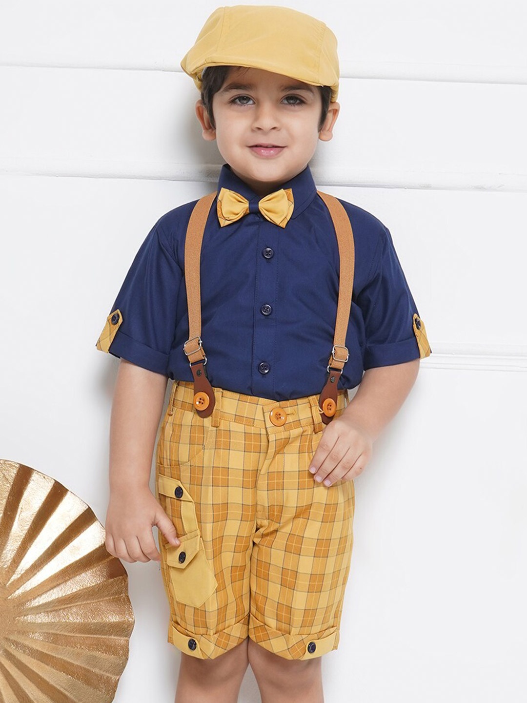 

Aj DEZInES Boys Printed Cotton Shirt Bow Shorts With Cap Suspenders Clothing Set, Mustard