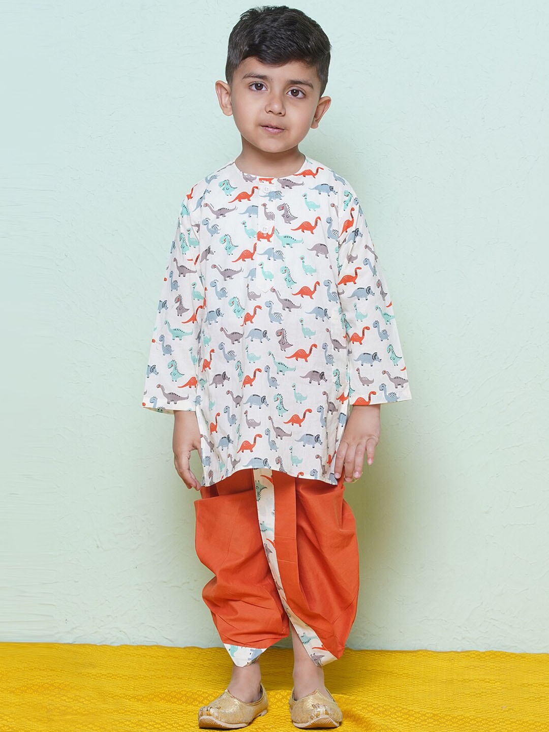 

Aj DEZInES Boys Animal Printed Round Neck Long Sleeves Pure Cotton Kurta with Dhoti Pants, Red