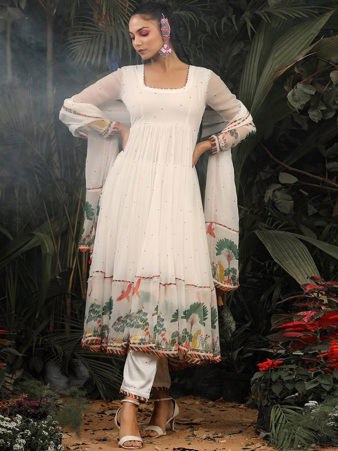 

KALINI Floral Printed Empire Anarkali Kurta With Trousers & Dupatta, Off white