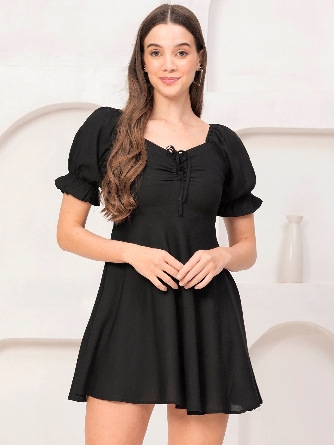 

DAEVISH Tie-Up Neck Puff Sleeves Fit & Flare Mini Dress, Black
