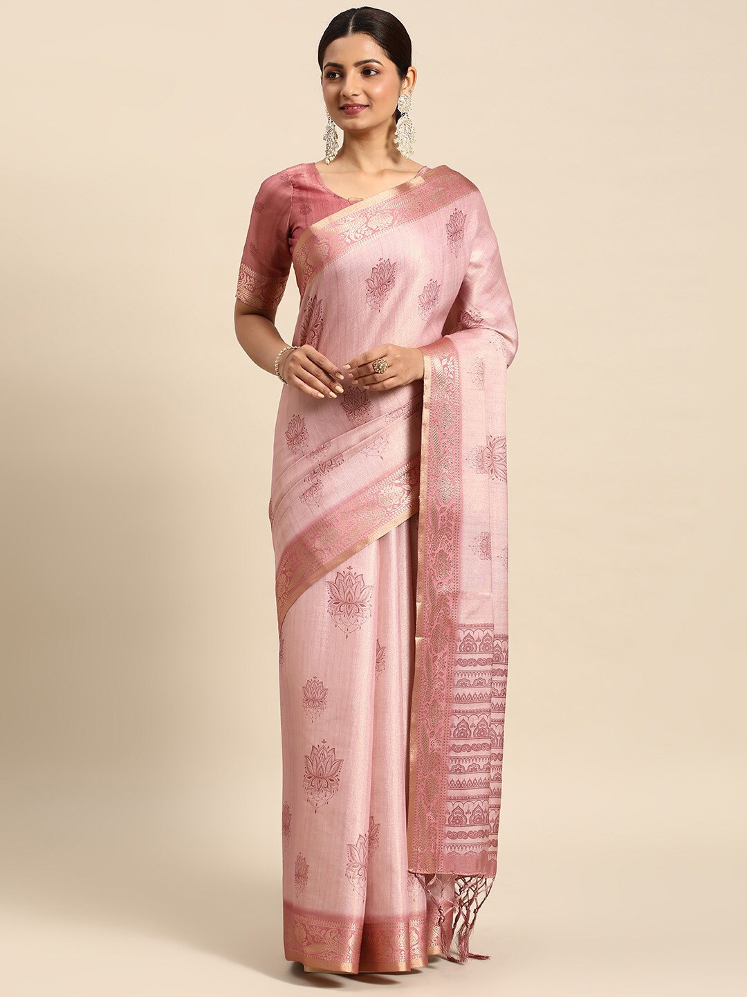 

Ishin Ethnic Motifs Zari Silk Blend Kanjeevaram Saree, Pink