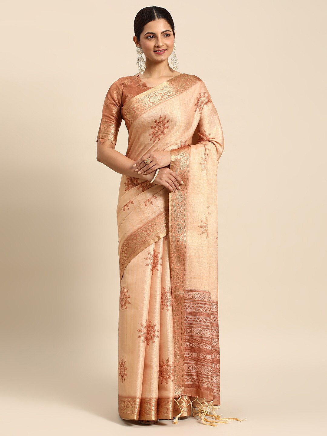 

Ishin Ethnic Motifs Zari Silk Blend Kanjeevaram Saree With Blouse Piece, Orange