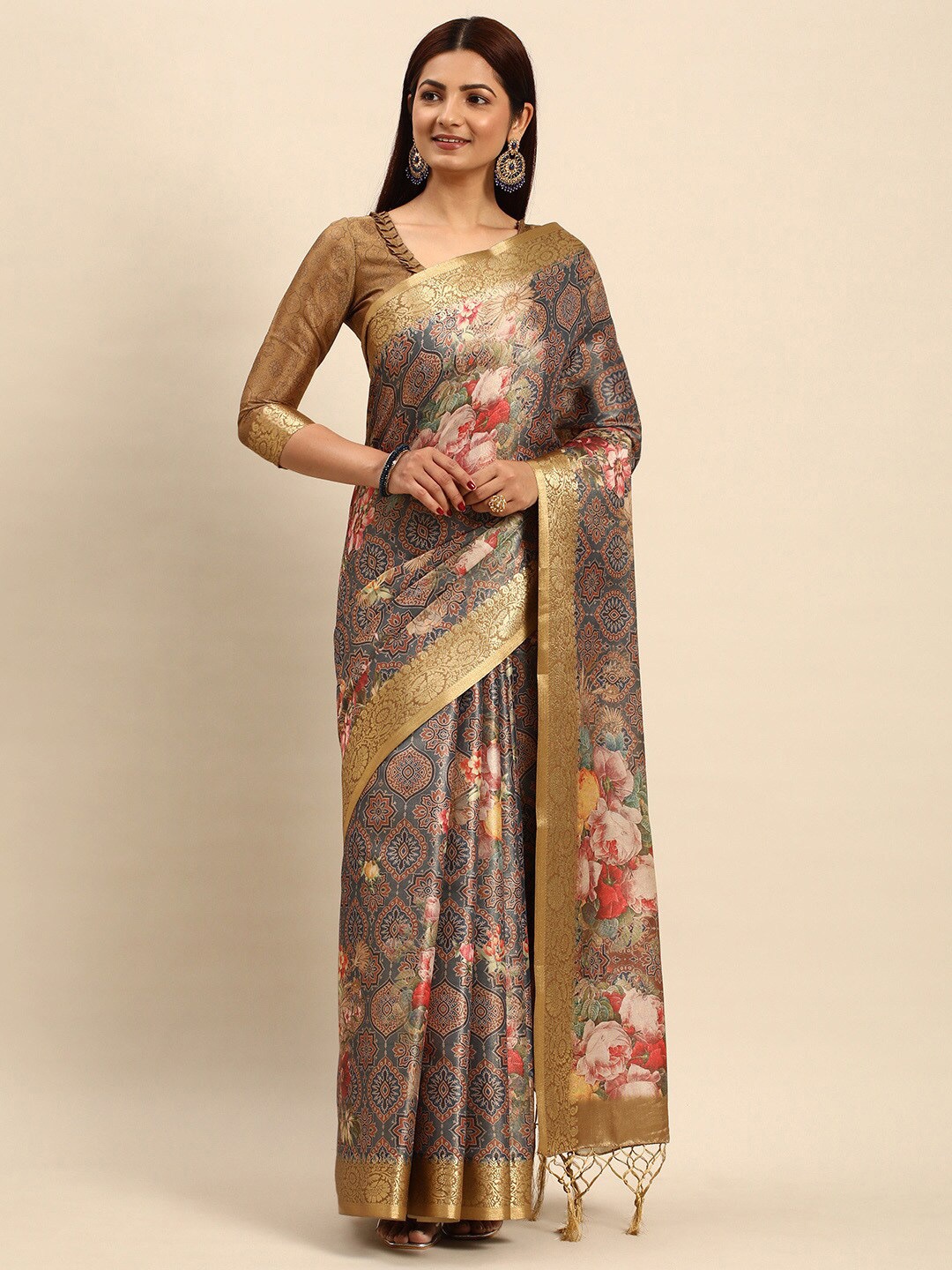 

Ishin Ethnic Motifs Zari Silk Blend Kanjeevaram Saree, Grey