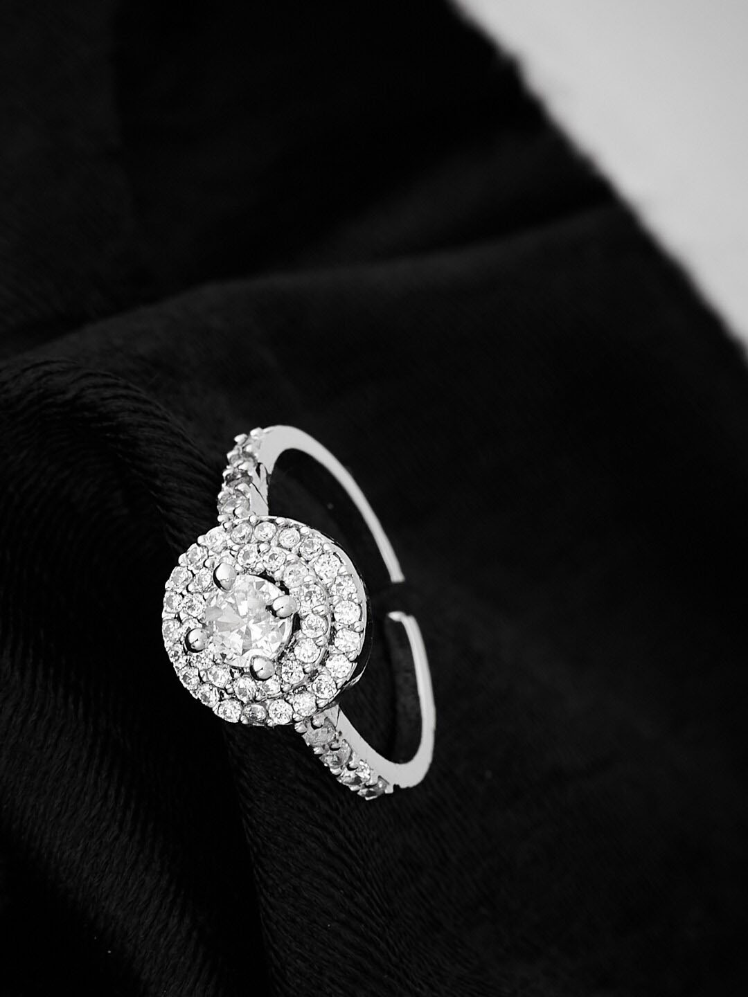 

ATIBELLE Silver-Plated CZ Studded Round Shaped Adjustable Finger Ring
