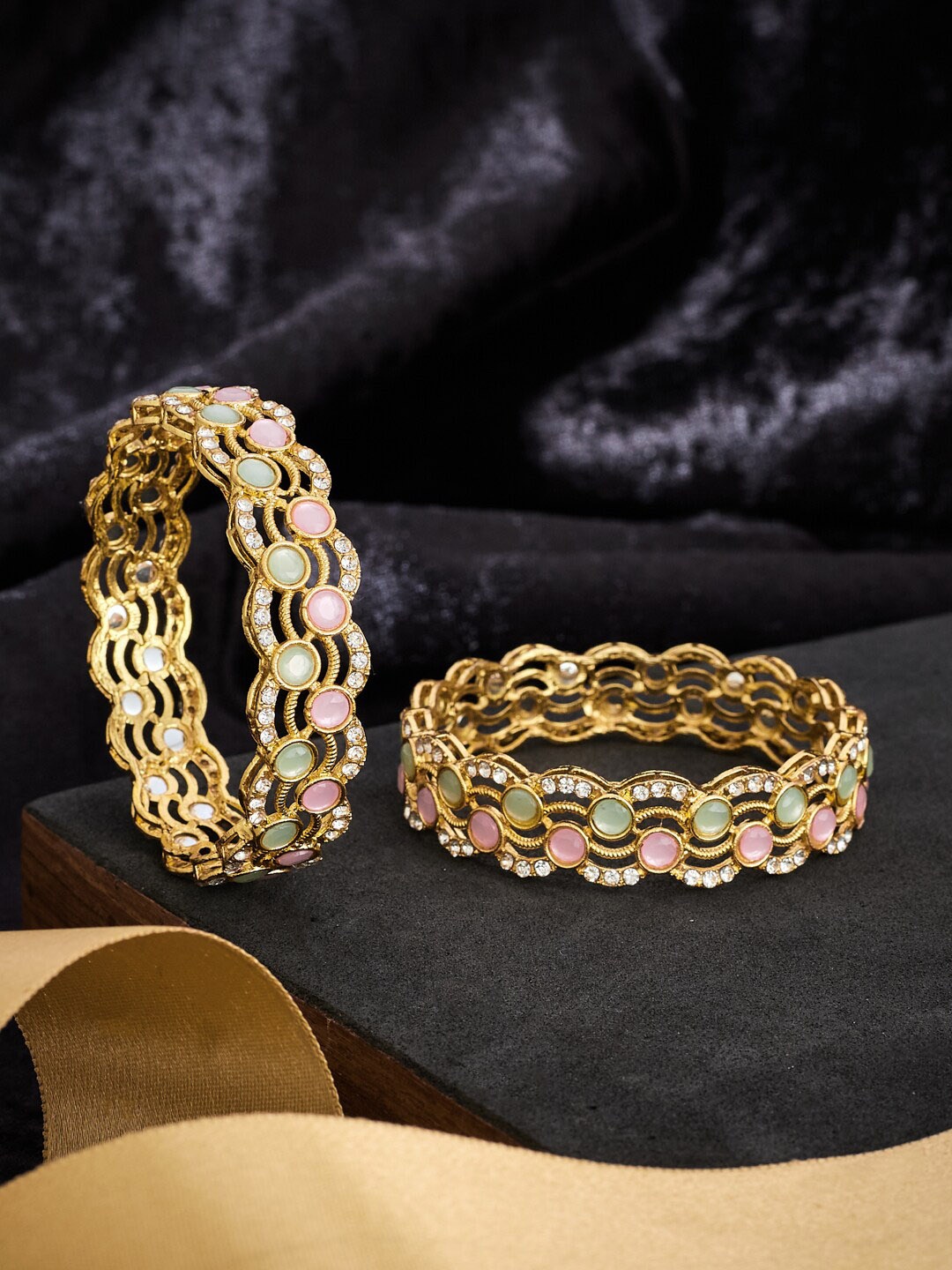 

ATIBELLE Set Of 2 Gold Plated Stone Studded Bangle