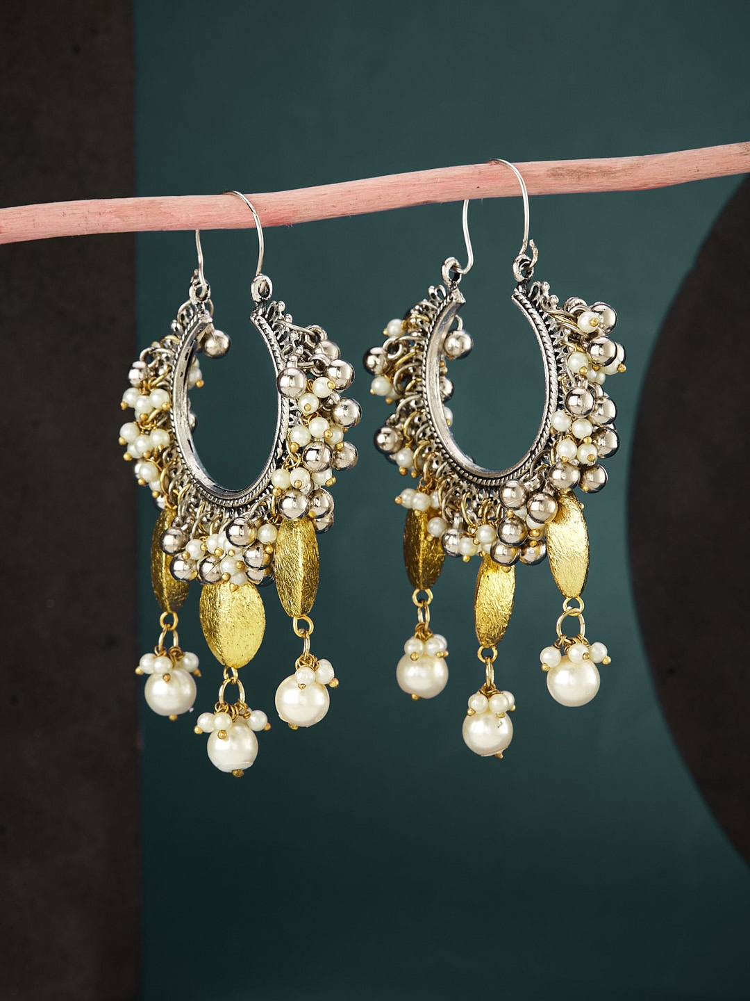 

ATIBELLE Silver-Gold Stone Studded & Beaded Drop Earrings