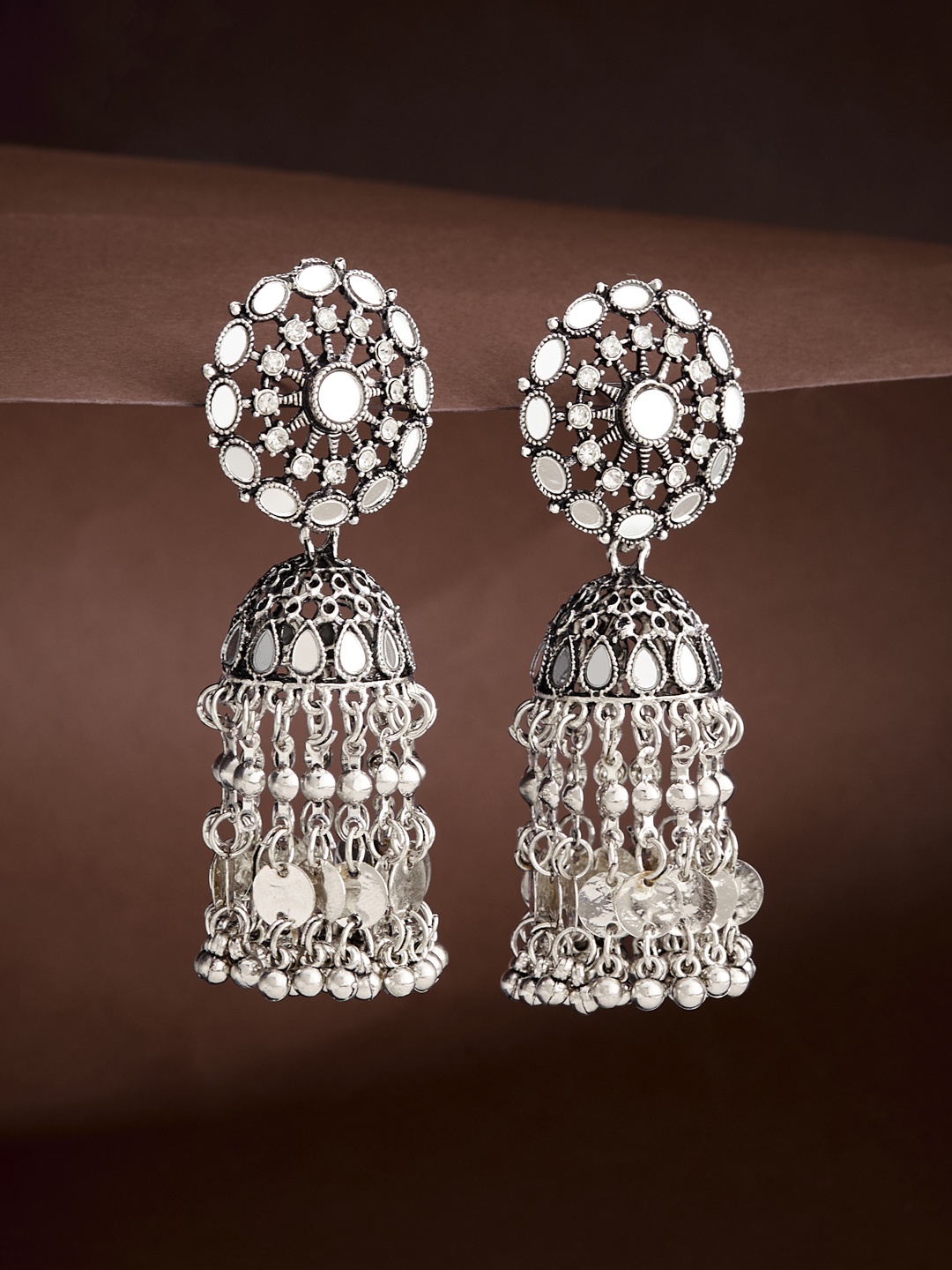 

ATIBELLE Oxidised Silver Plated Dome Shaped Mirror-Studded Jhumkas
