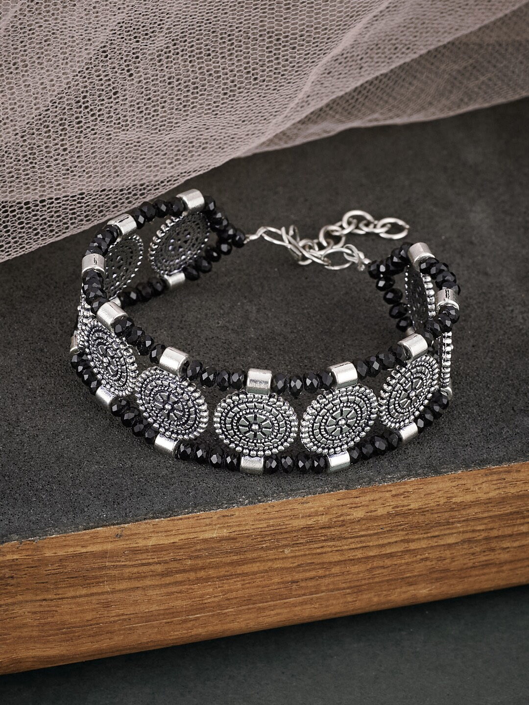 

ATIBELLE Silver-Plated Beaded Oxidised Link Bracelet