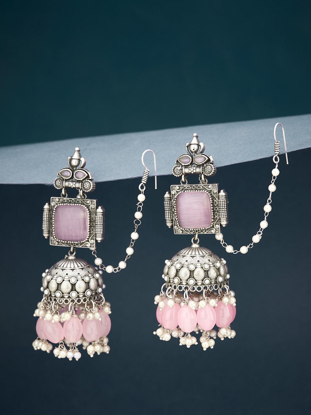 

ATIBELLE Silver Plated Stone Studded & Beaded Jhumkas With Ear Chain, Pink