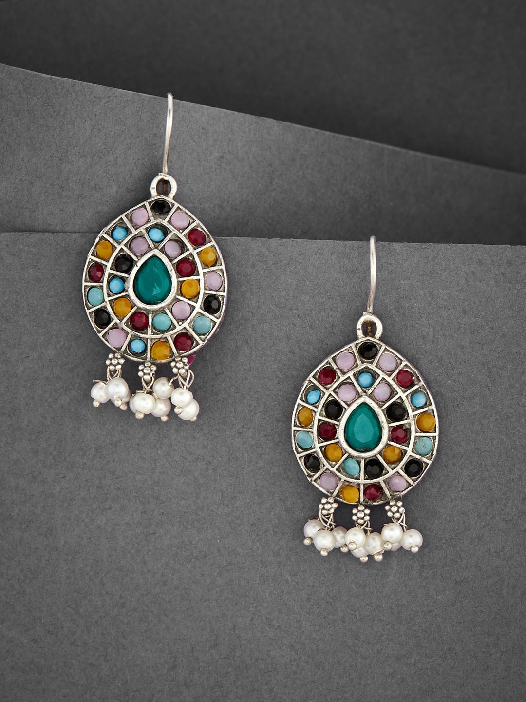 

ATIBELLE Silver Plated Oxidised Stone Studded & Beaded Drop Earrings