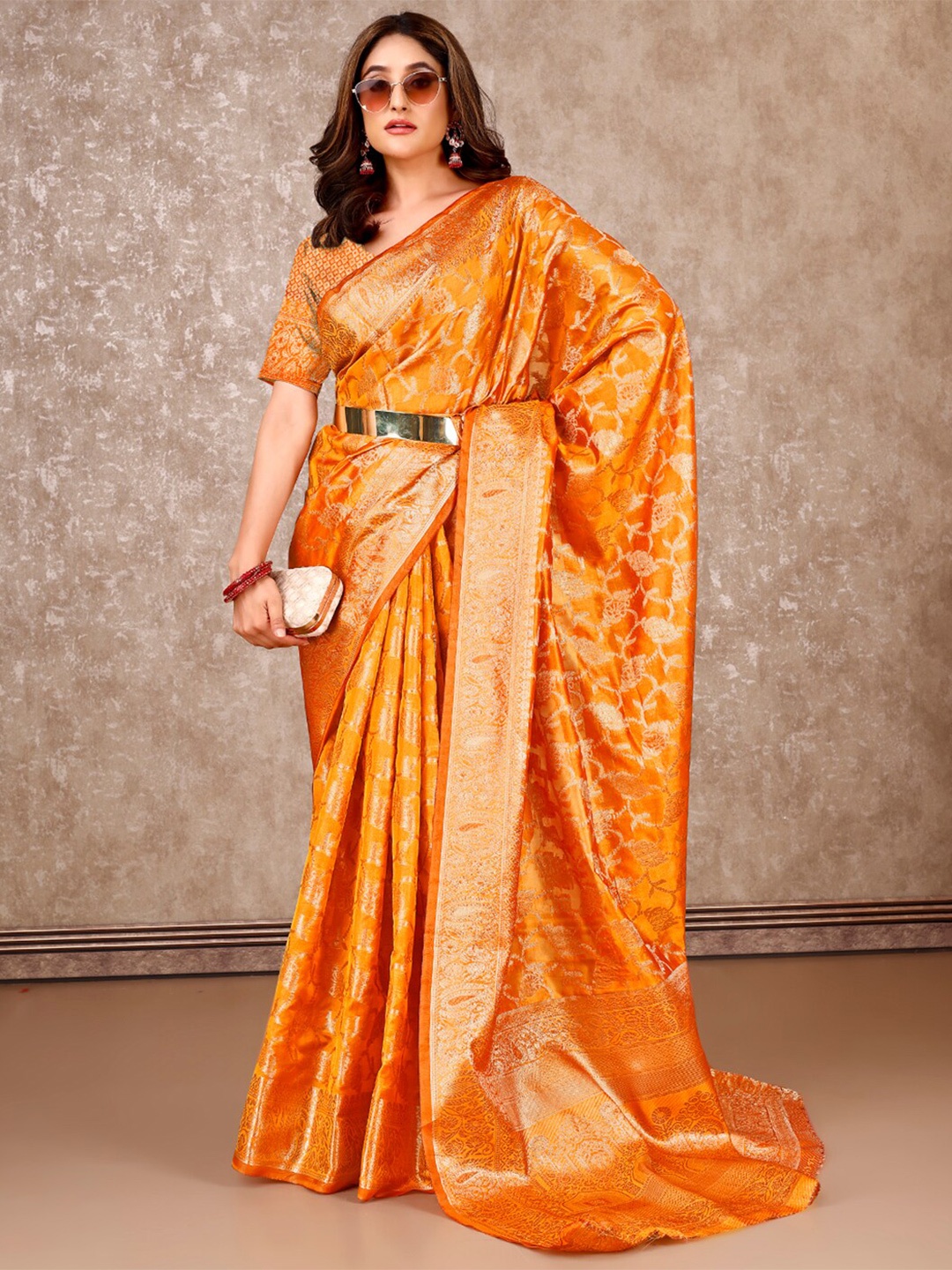 

SANSKAR Woven Design Zari Silk Blend Saree, Orange