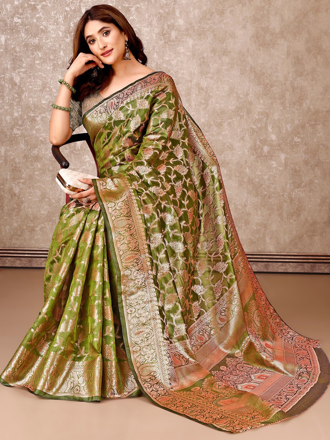 

SANSKAR Woven Design Zari Floral Silk Blend Saree, Green