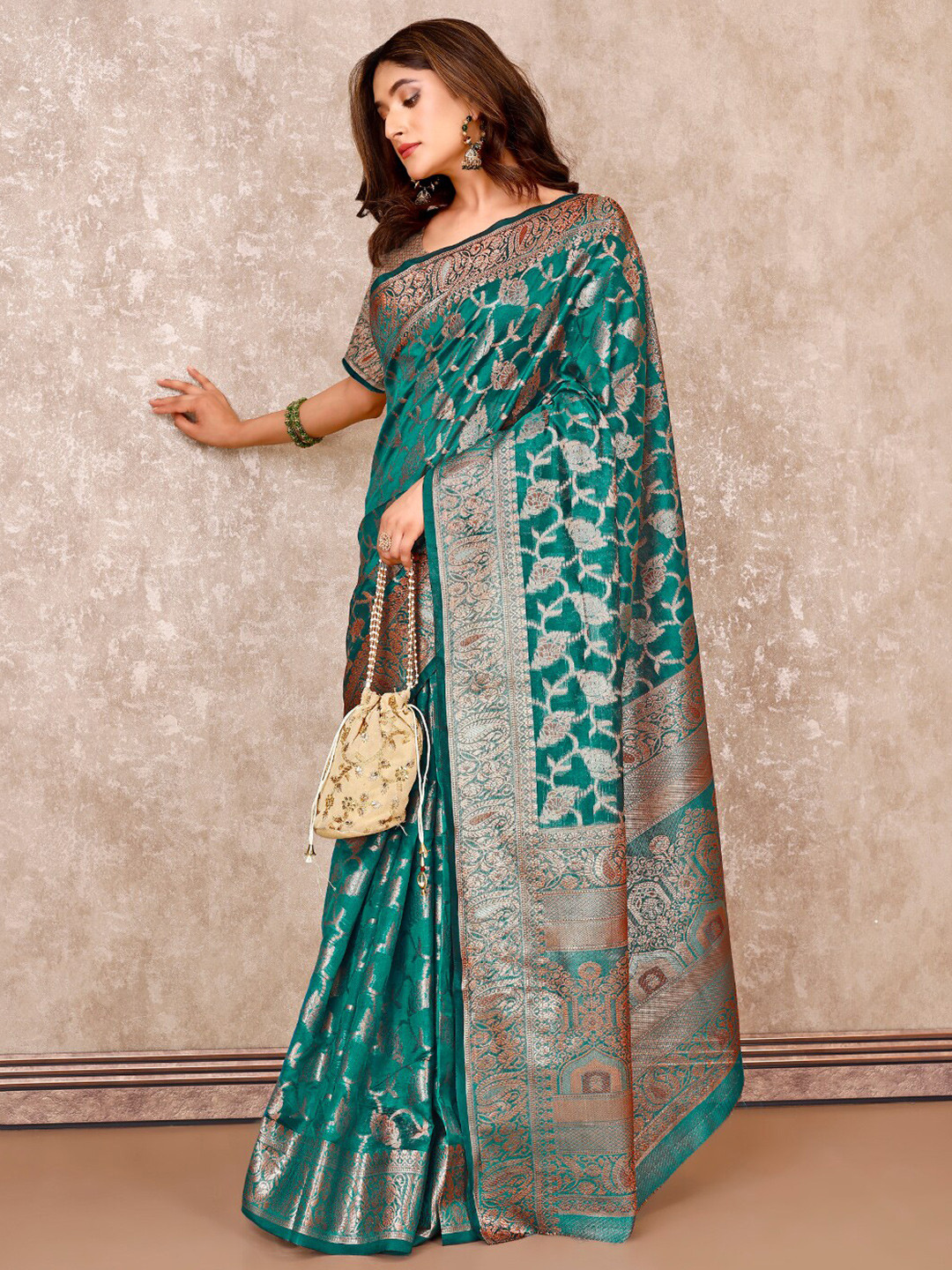 

SANSKAR Woven Design Zari Silk Blend Saree, Teal