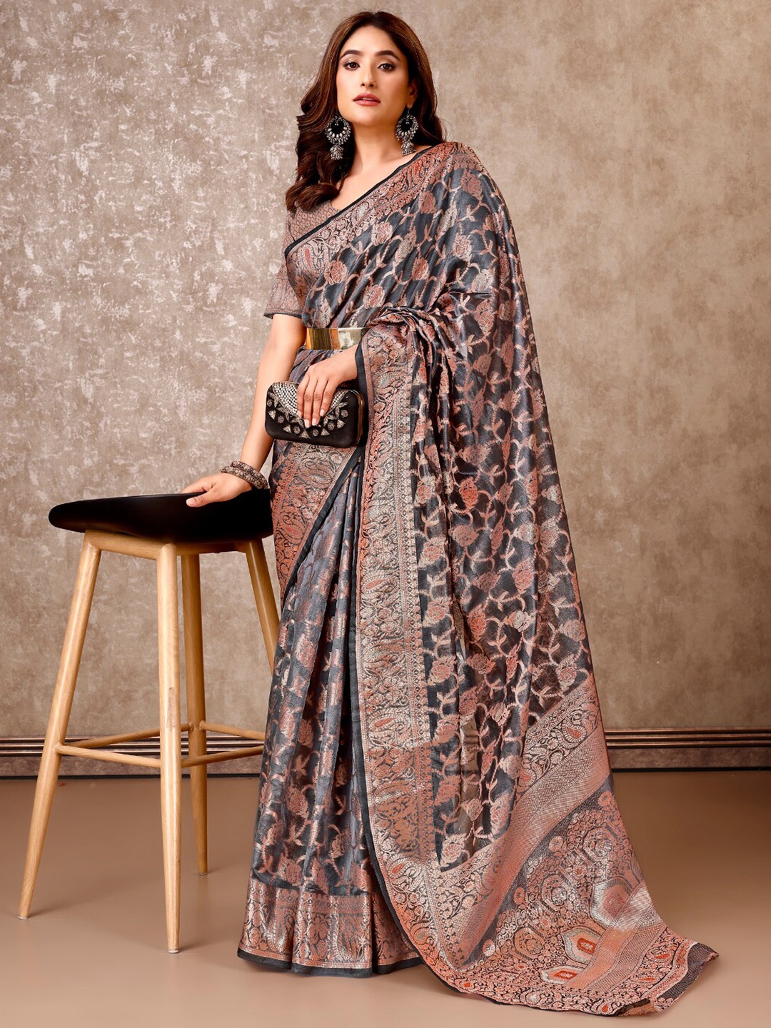 

SANSKAR Woven Design Zari Silk Blend Saree, Grey