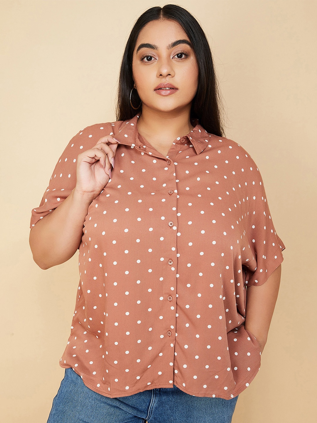 

max Plus Size Polka Dot Printed Casual Shirt, Brown