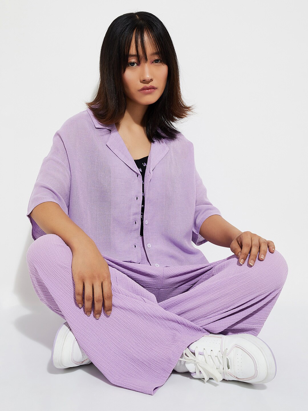 

max URB_N Women Solid Cropped Resort Shirt, Purple