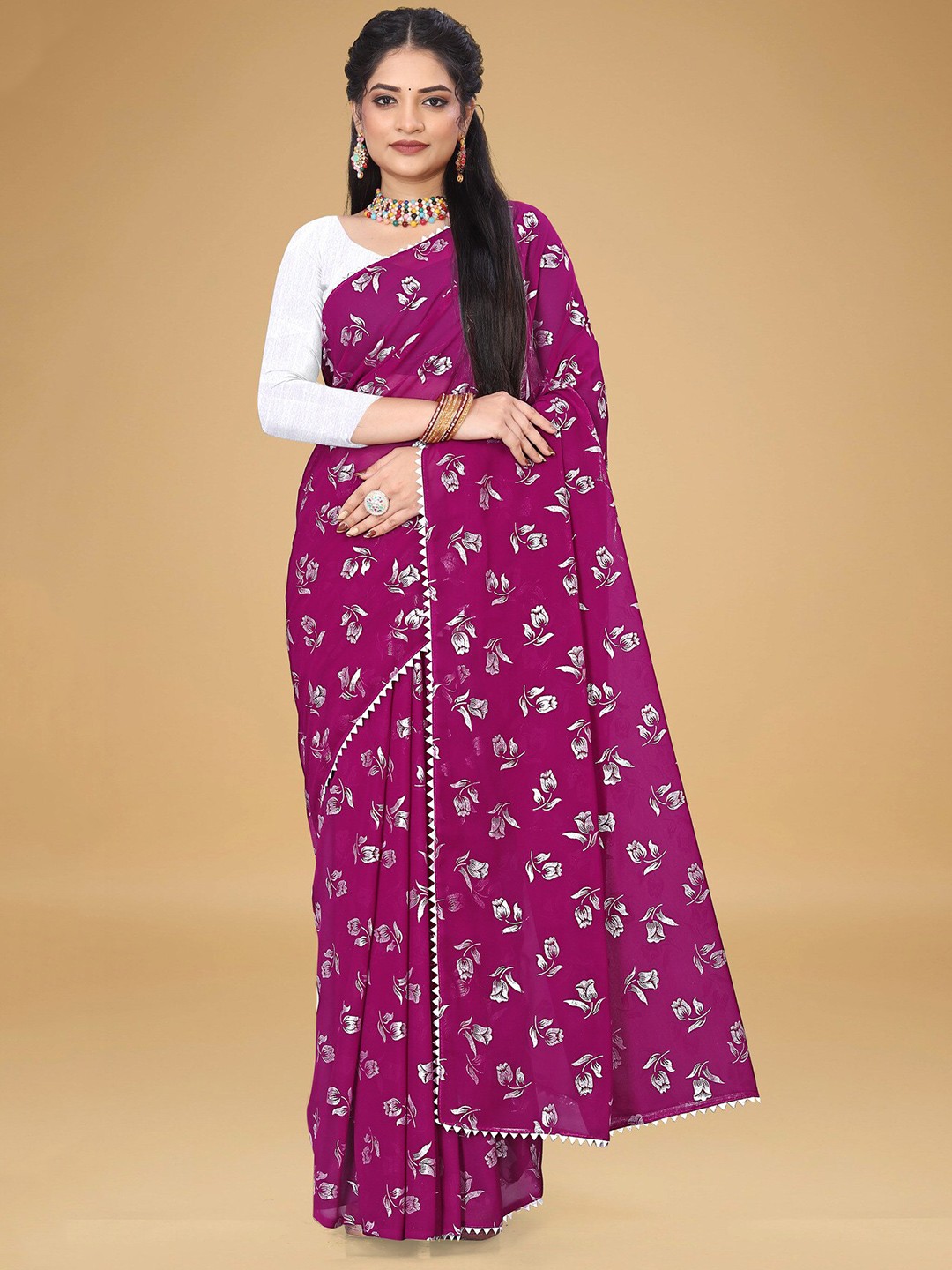 

VRAGI Floral Pure Georgette Saree, Purple