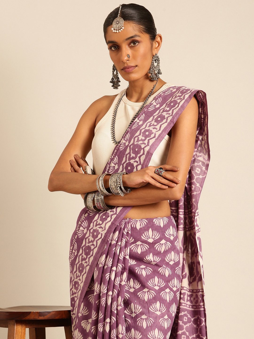 

Taavi Floral Pure Cotton Block Print Saree, Purple