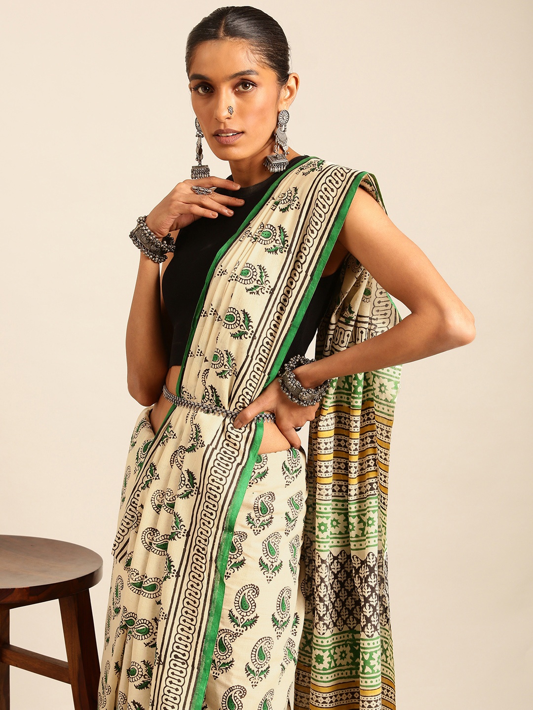 

Taavi Paisley Pure Cotton Block Print Saree, Cream