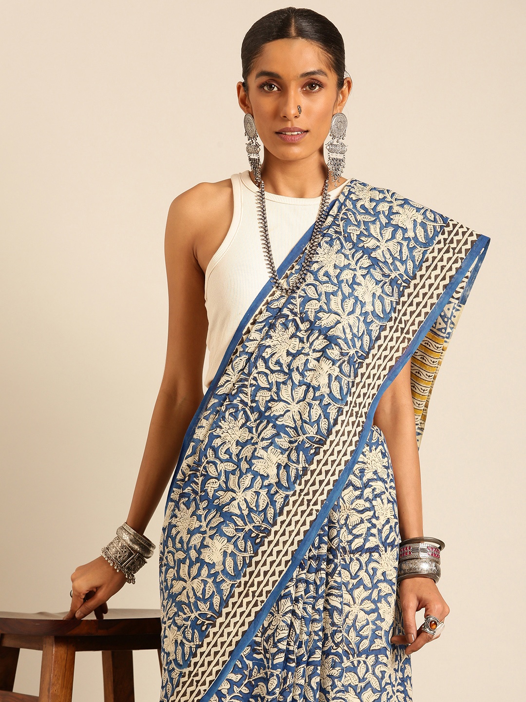 

Taavi Kalamkari Pure Cotton Block Print Saree, Blue