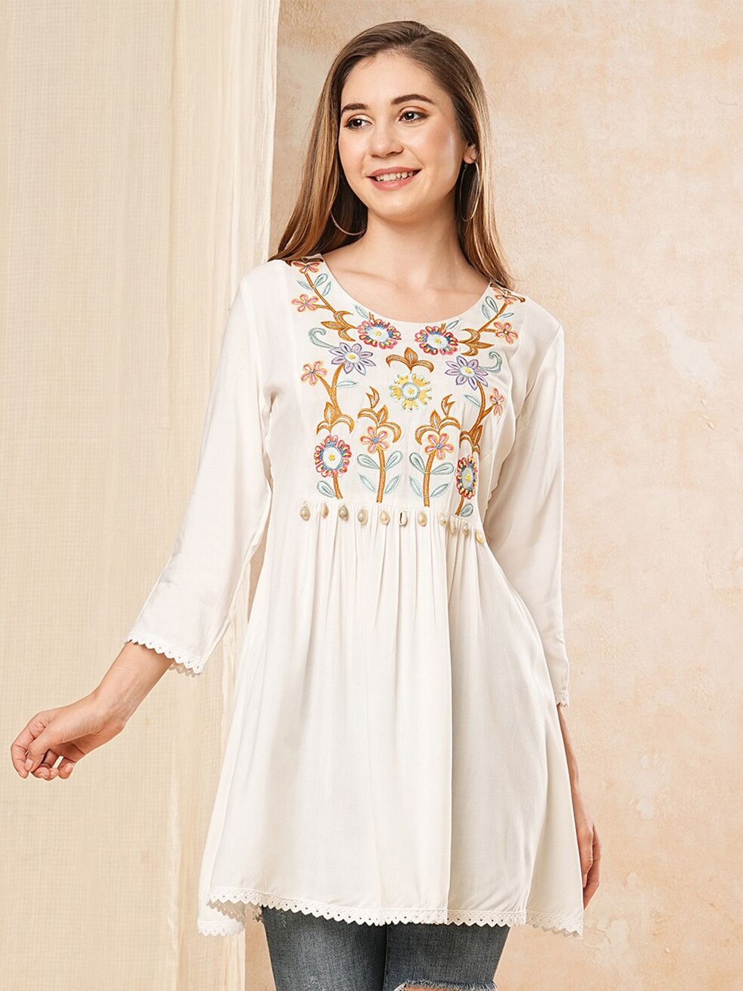 

FASHOR Floral Embroidered A-Line Pleated Kurti, White