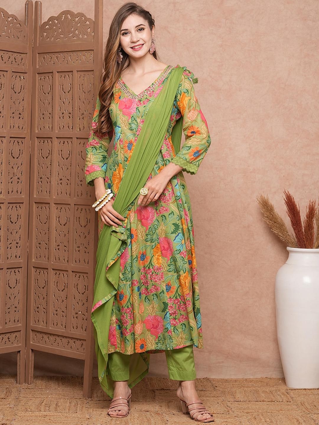 

FASHOR Floral Printed Mirror Work Pure Cotton Anarkali Kurta With Trouser & Dupatta, Lime green