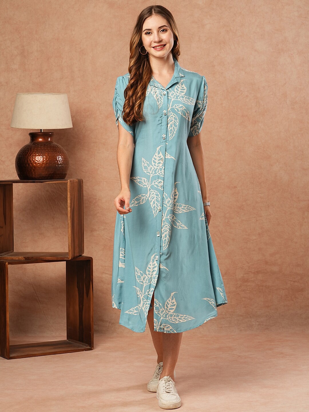 

FASHOR Floral Print Shirt Midi Dress, Blue