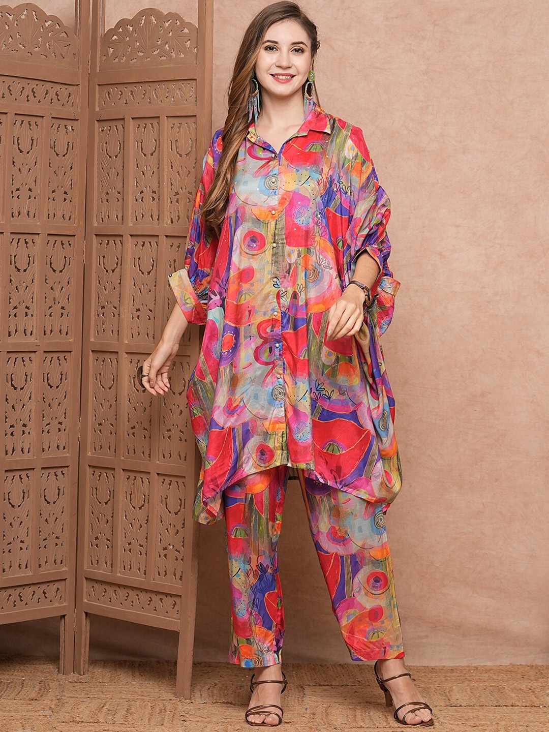 

FASHOR Printed Kaftan Style Tunic & Trouser Co-Ord Set, Red