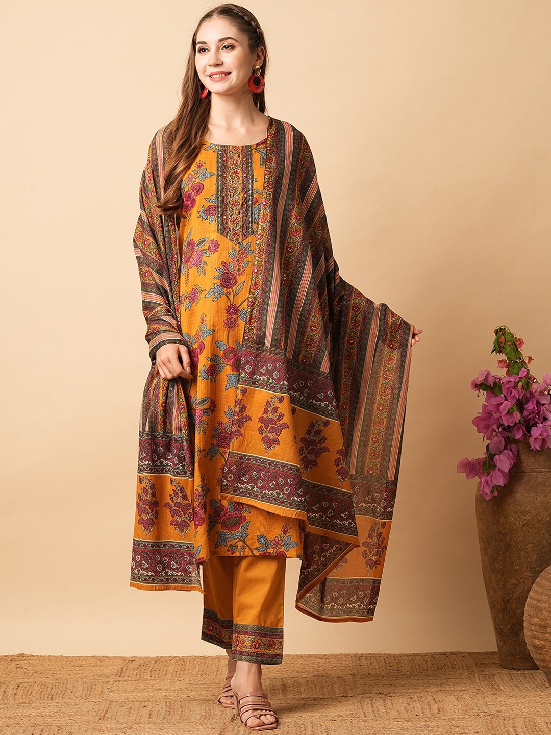 

FASHOR Floral Printed Sequinned Pure Cotton Straight Kurta With Trouser & Dupatta, Mustard