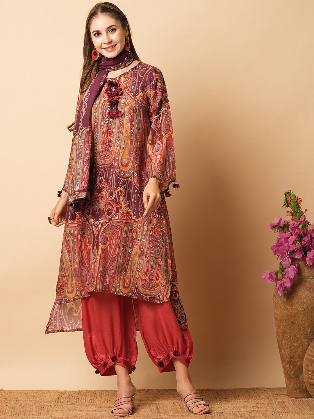 

FASHOR Floral Printed Tie-Up Neck Thread Work A-line Kurta with Salwar & Dupatta, Red