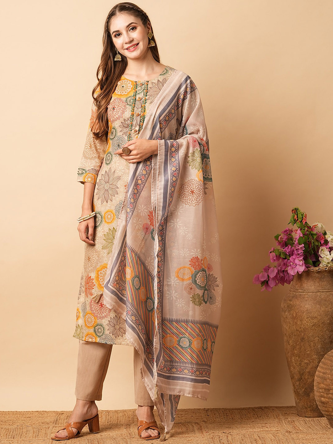 

FASHOR Floral Printed Mirror Work Straight Kurta with Trousers & Dupatta, Beige