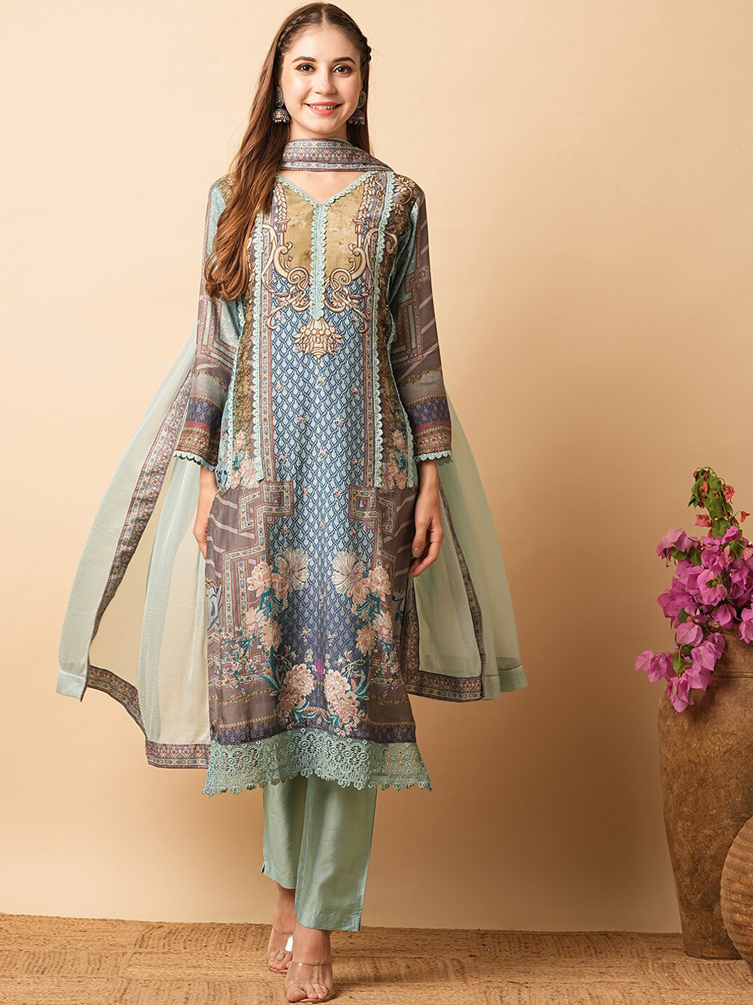 

FASHOR Ethnic Motifs Printed V-Neck Three-Quarter Sleeves Kurta Set, Blue