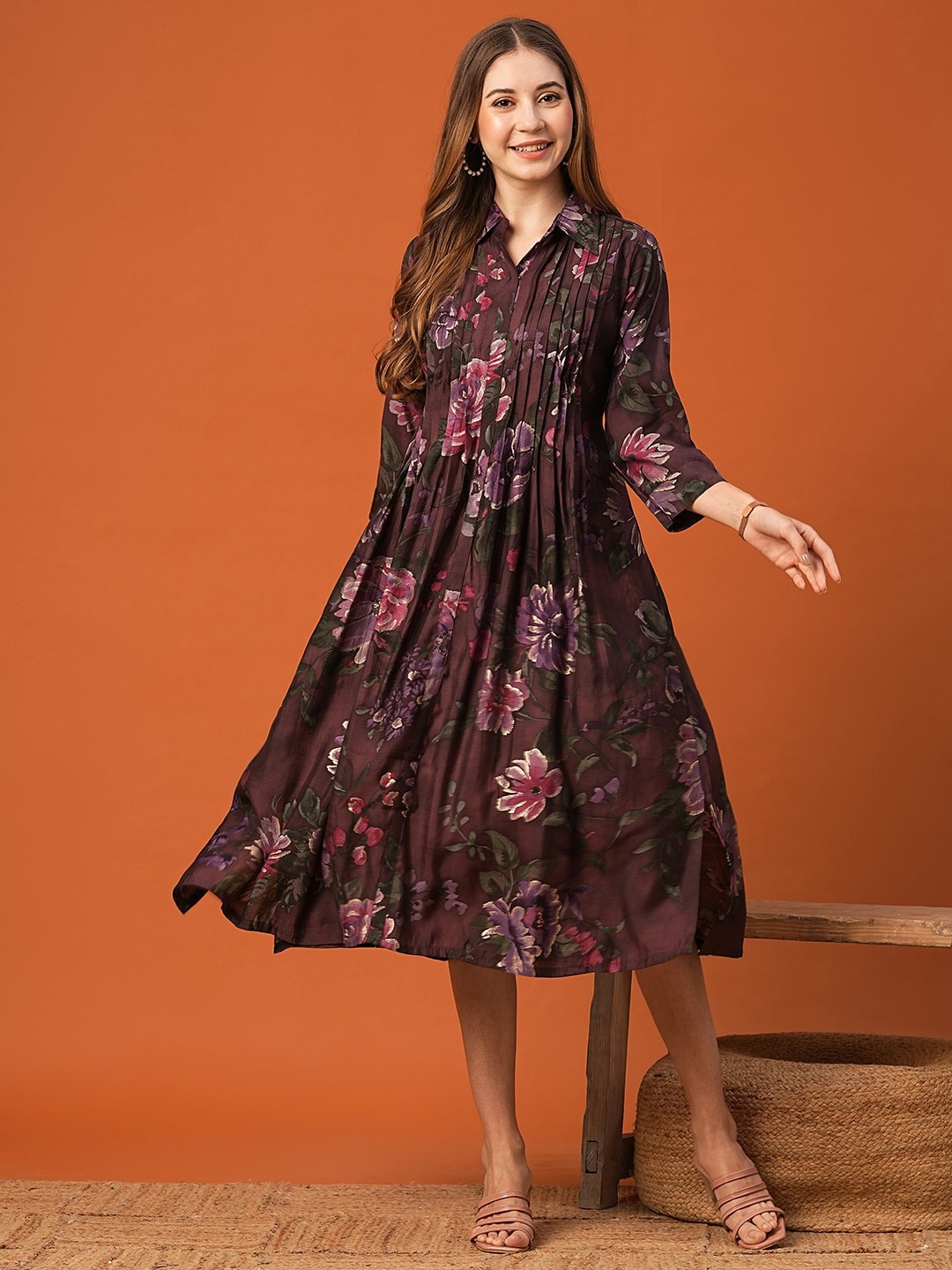 

FASHOR Floral Printed Gathered Or Pleated A-Line Midi Dress, Mauve
