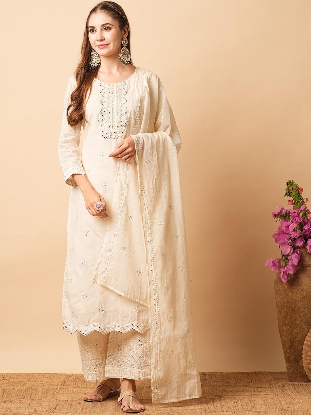 

FASHOR Ethnic Motifs Embroidered Regular Pure Cotton Kurta with Palazzos & Dupatta, Off white